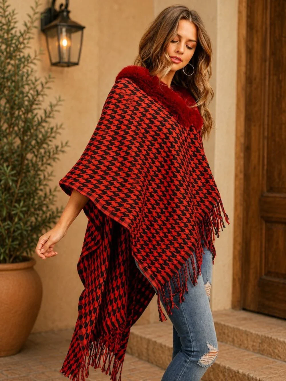 Red Houndstooth Poncho Faux Fur Collar One Size